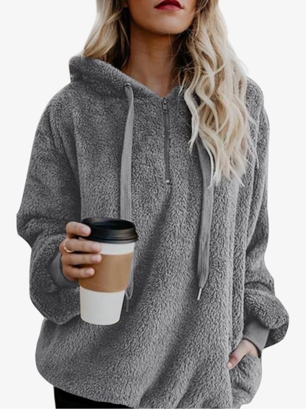 Cozy Grey Sherpa Half-Zip Hoodie for Women